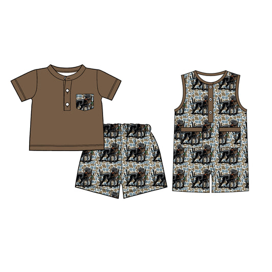 26.1.8 Custom MOQ:3 or 5 pcs each design milk silk Sibling baby boy clothes camouflage puppy duck short sleeve shorts sets and romper