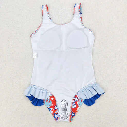 S0214 4th of July Stars check blue lace one-piece swimsuit