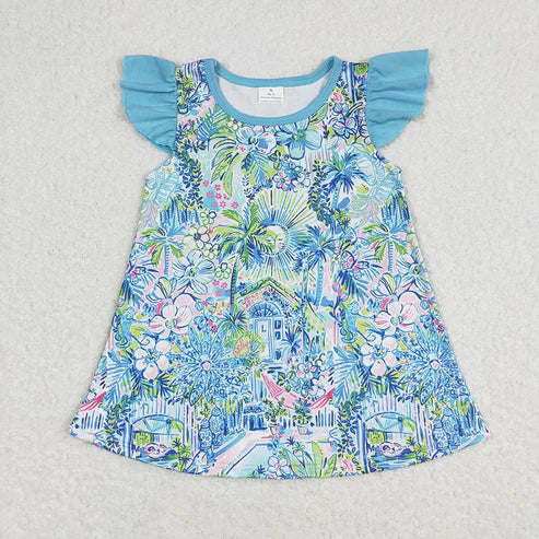 4.14 Sibling Baby Girls Sea Flowers Flutter Sleeve Tunic Tops
