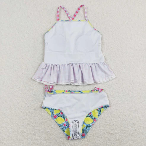 S0219 lemon pink white plaid lace swimsuit suit