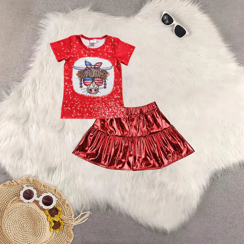 4.29 Sibling Baby Girls Short Sleeves Cow Stars Top Red Leather Skirts Western 4th Of July Sets