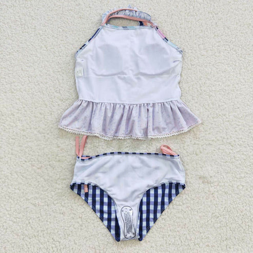 S0158 Floral Lace Lace Blue Plaid Swimsuit Set