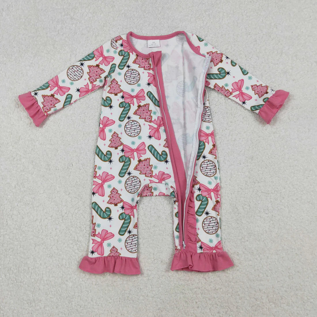 10.18 LR2486 Baby Girls Long Sleeves Christmas Trees Candy Cane Ruffle Zipper Romper