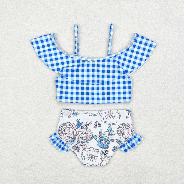 7.25 RTS NO MOQ S0254 Blue plaid lace flower white swimsuit set