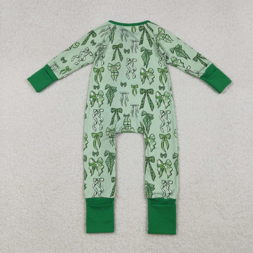 10.7 LR2654 Baby Boys Green Clover Bows St Patrick Zipper Footie Romper