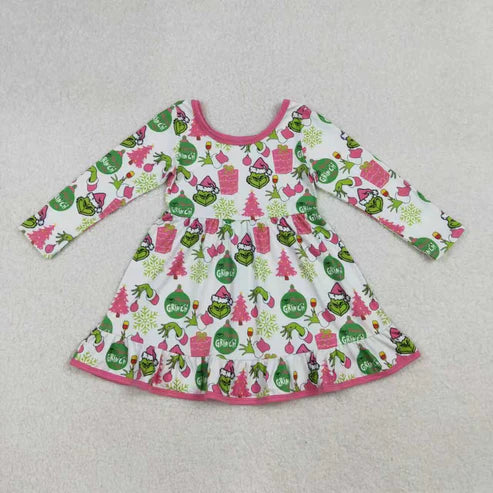 11.1  Sibling Baby Girls Green Faces Trees Lights Christmas Ruffle Knee Length Dress Pajamas Sets Footie Rompers