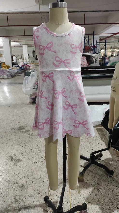 5.10 GSD2572 Baby Girls Pink Bows Floral Activity Wear Yoga Short Skort Knee Length Dresses Preorder