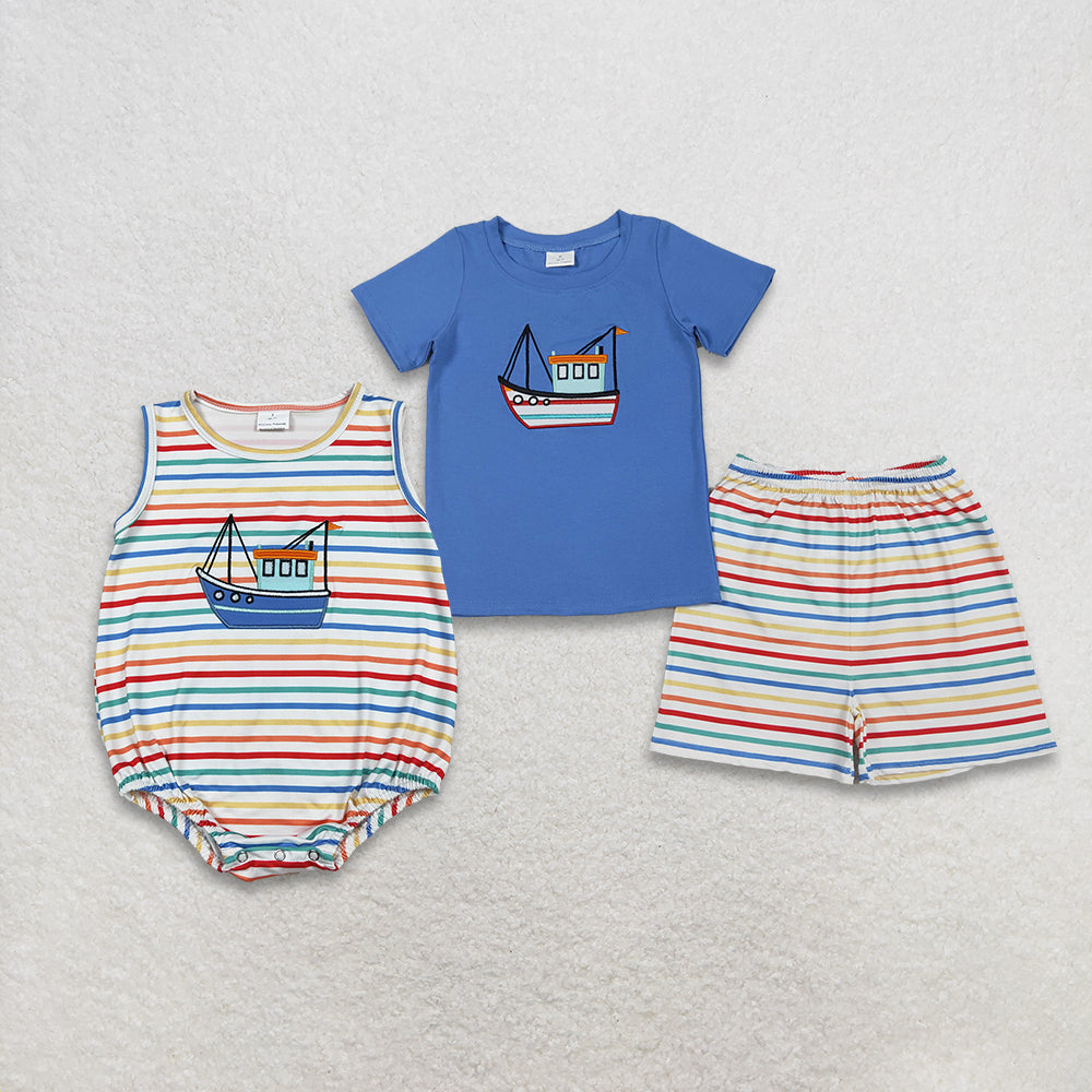 Sibling Baby boy clothes Embroidery boat short sleeve shorts sets and Rompers