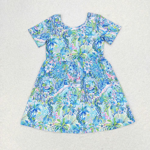 4.14 Sibling Baby Girls Sea Flowers Short Sleeve Knee Length Dresses