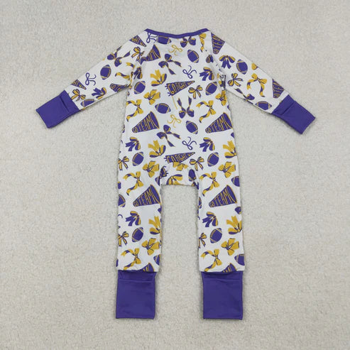 9.29 LR2513 Baby Girls Purple Bows Footballs Plaid Ruffle Zipper Team Romper
