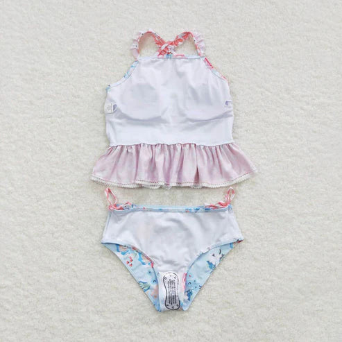 S0159 floral pink lace light blue swimsuit set