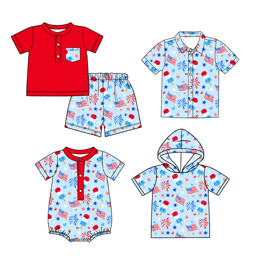 26.1.19 Custom MOQ:3 or 5 pcs each design milk silk Sibling baby boy clothes flag short sleeve shorts sets and tops 2 and romper