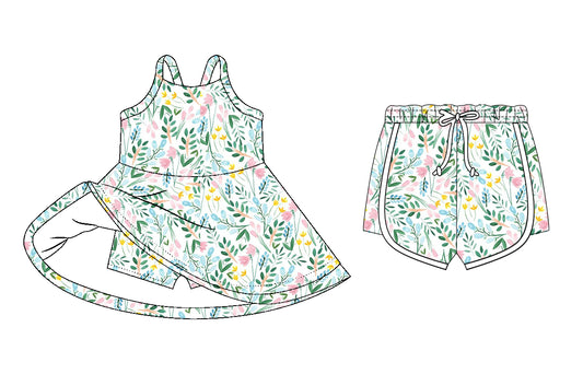 26.1.7 Custom MOQ:3 or 5 pcs each design milk silk Sibling baby girl clothes floral short sleeve dress and shorts