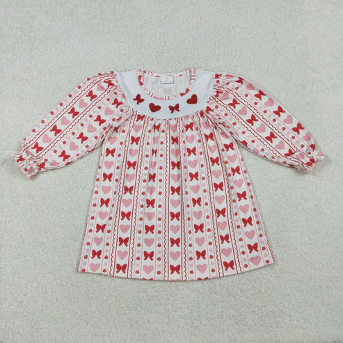 10.31 Sibling Embroidery Hearts Bows Baby Girls Valentine Knee Length Dresses Ruffle Rompers