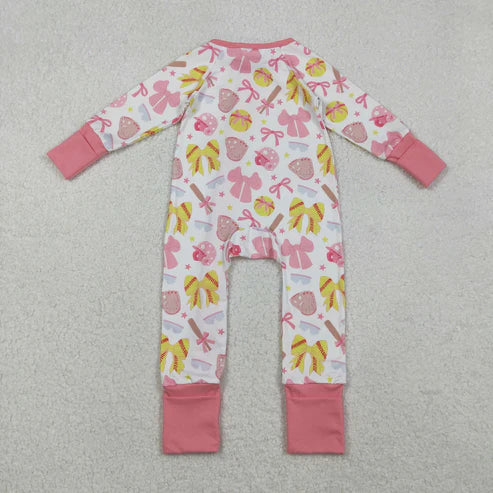 10.25 LR2705 Baby Girls Pink Yellow Bows Baseballs Team Zipper Footie Romper