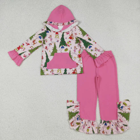 10.31 Sibling Baby Girls Pink Lights Grin Plaid Pocket Hoodies Ruffle Bell Pants Christmas Clothes Sets