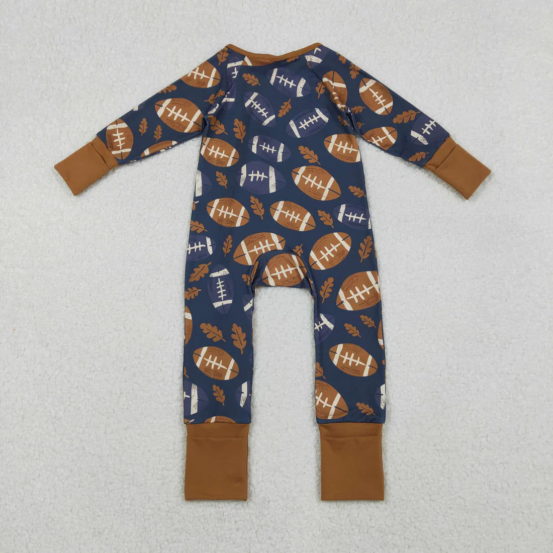 10.22 LR2543 Baby Boys Leaves Footballs Plaid Fall Zipper Footie Romper