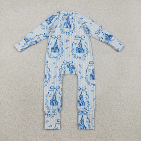10.26 LR2661 Baby Girls Blue Stripe Bows Castles Zipper Footie Romper