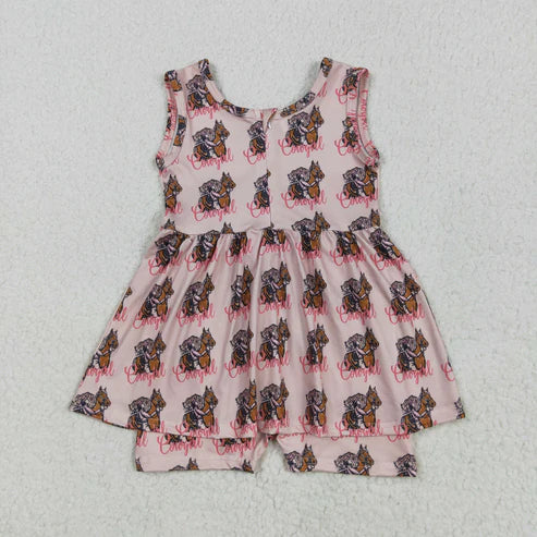 5.17 SR3072 Baby Girls Pink Sleeveless Horses Rodeos Cowgirl Skort Jumpsuit