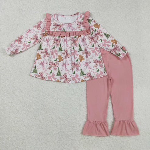 11.1 Sibling Baby Girls Pink Bows Gingerbread Trees Top Pants Christmas Pajamas Clothes Sets