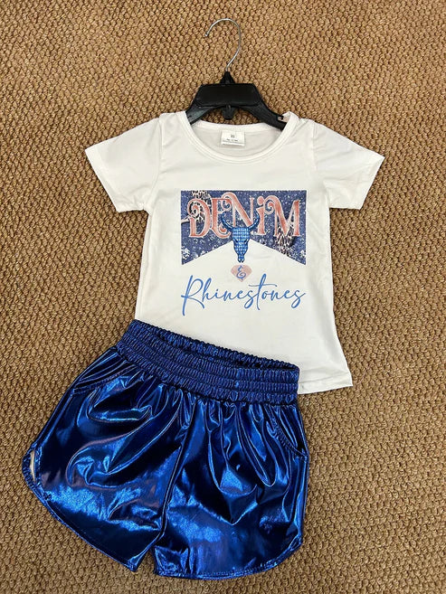 4.2 GT0133+SS0409 Baby Girls Western Rhinestones Tops Blue Metallic Shorts Outfit