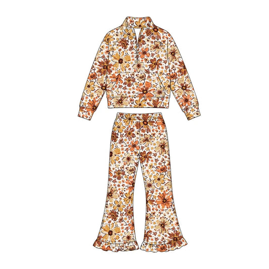7.25 design Baby Girls Flowers Zip Pocket Pullover Top Bell Bottom Pant Fall Clothes Sets