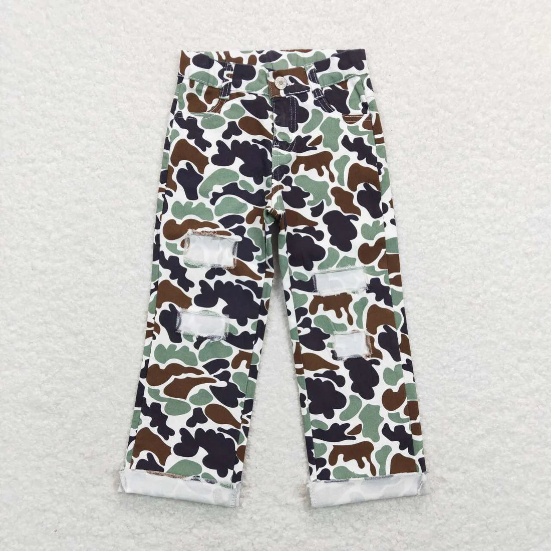 L-3.7 P0413 Brown green camouflage hole Denim trousers