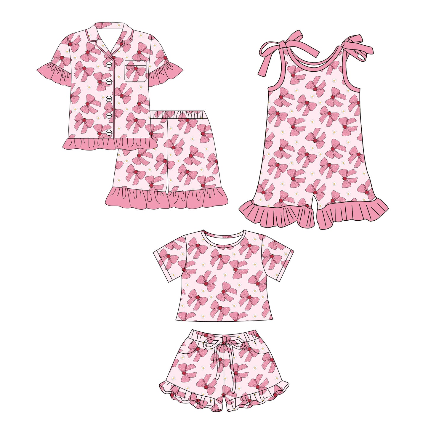 26.1.3 Custom MOQ:3 or 5 pcs each design milk silk Sibling baby girl clothes bow pink short sleeve shorts sets 2 and jumpsuit