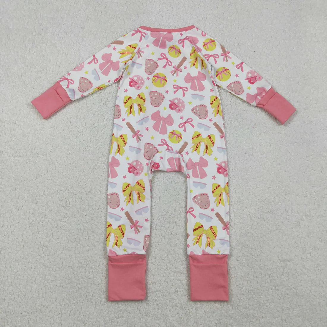 10.22 LR2705 Baby Girls Pink Yellow Bows Baseballs Team Zipper Footie Romper