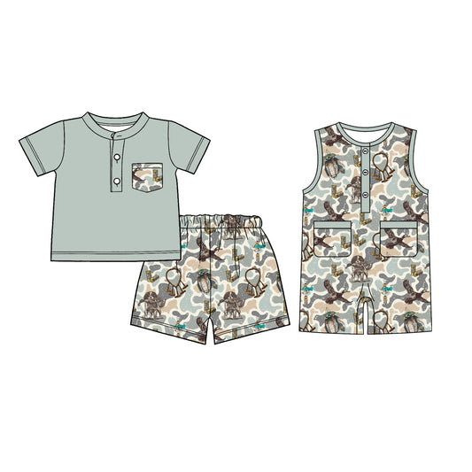 26.1.6 Custom MOQ:3 or 5 pcs each design milk silk Sibling baby boy clothes camouflage duck puppy short sleeve shorts sets and romper