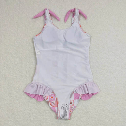 S0150 Flower rainbow pink and white plaid one-piece swimsuit