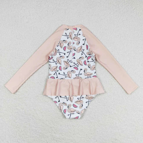 S0245 Watermelon flamingo white long-sleeved one-piece swimsuit