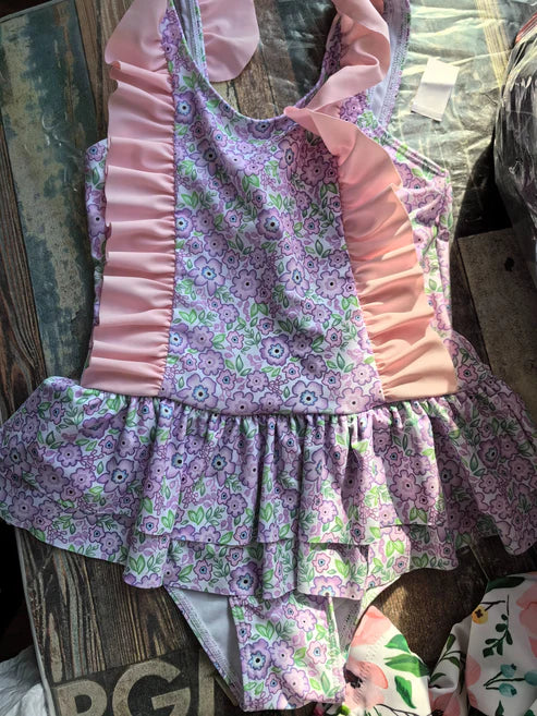 Baby Girls Summer Lavender Flowers Sibling Sister Swimsuits