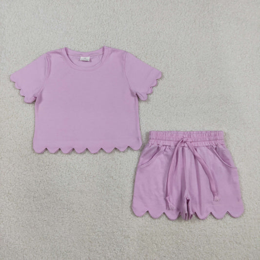 GSSO3173 Kids Baby Girls Lavender Short Sleeve Shirts Top Scallop Shorts Clothes Sets