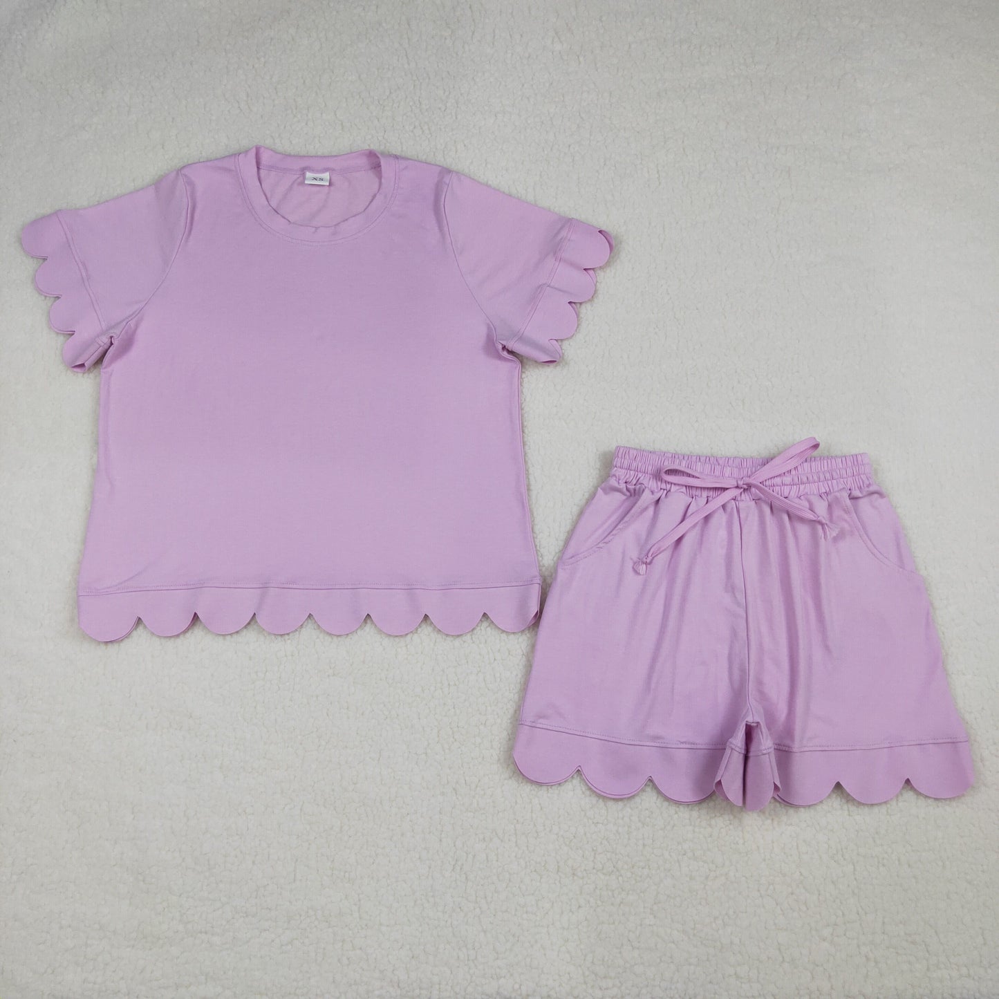 GSSO3201 Adult Women Pink Short Sleeve Shirt Pockets Short Scallop Clothes Set