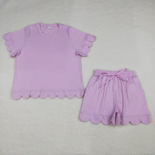 GSSO3201 Adult Women Pink Short Sleeve Shirt Pockets Short Scallop Clothes Set