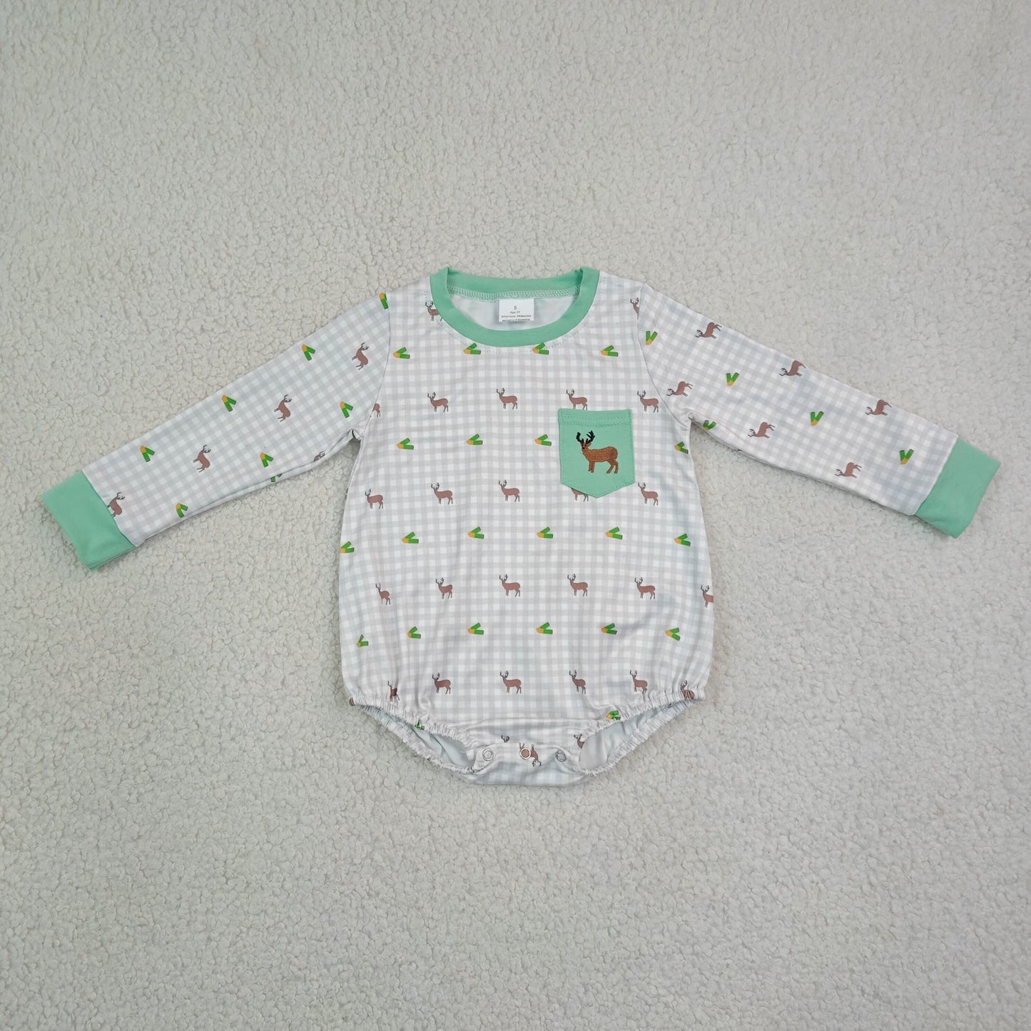 LR3003 Newborn Baby Embroidery Deer Pocket Boys Long Sleeve Checked Hunting Rompers