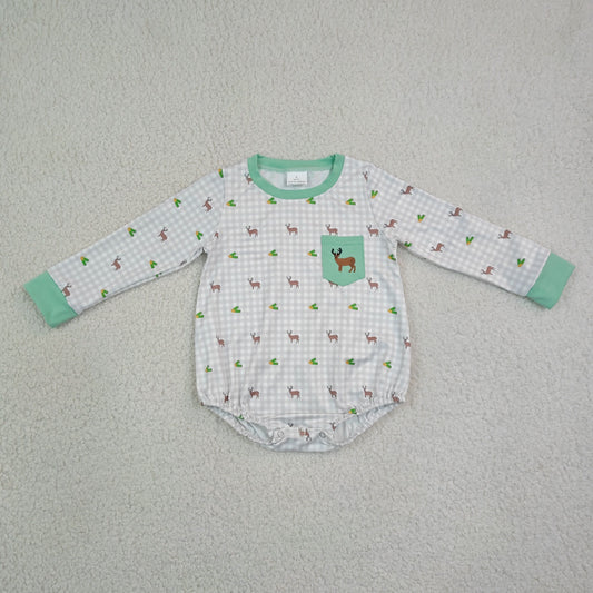LR3003 Newborn Baby Embroidery Deer Pocket Boys Long Sleeve Checked Hunting Rompers