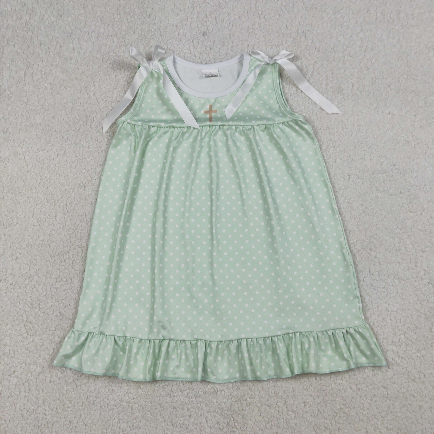 GSD2860 Kids Baby Girl Green Polka Dots Cross Easter Ruffle Knee Length Dresses