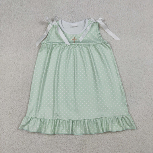 GSD2860 Kids Baby Girl Green Polka Dots Cross Easter Ruffle Knee Length Dresses