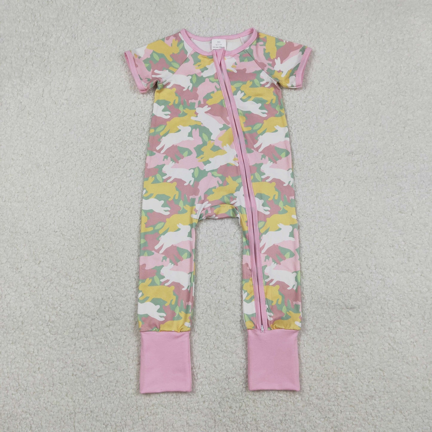 RTS NO MOQ（In Stock) SR3715 Rabbit Camouflage Pink Zipper Short-Sleeve Jumpsuit SR3572