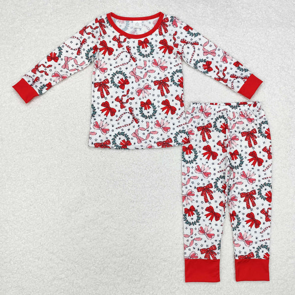 GLP1879 Baby Girls Christmas Red Bows Bamboo Pajamas Clothes Set