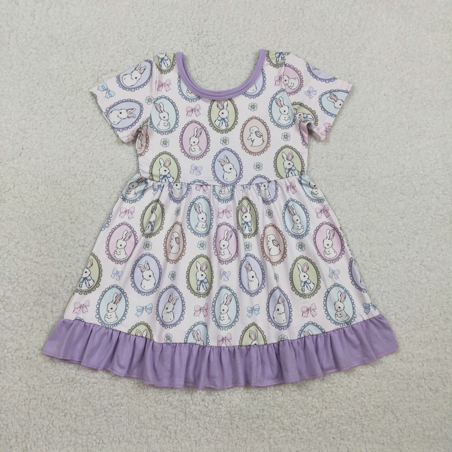 GSD2863 Kids Baby Girl Bows Rabbits Easter Ruffle Knee Length Dresses