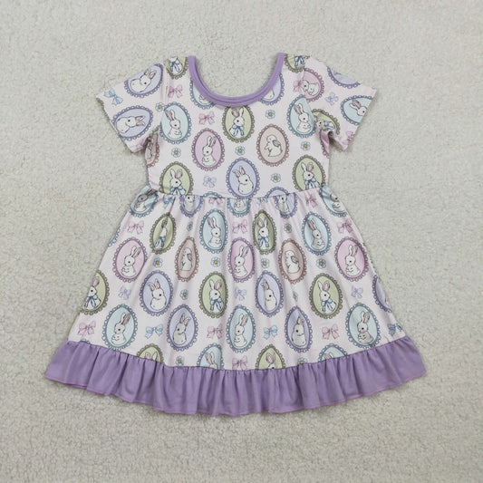 GSD2863 Kids Baby Girl Bows Rabbits Easter Ruffle Knee Length Dresses
