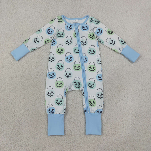 LR2534 Newborn Baby Boys Ghost Pumpkins Halloween Two Way Zip Convertible Rompers