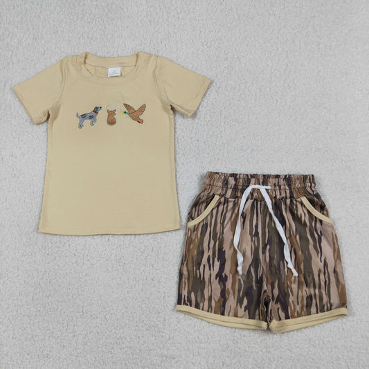 BSSO1927 Kids Embroidery Dog Ducks Deer Baby Boys Top Olive Camo Pockets Shorts Hunting Sets