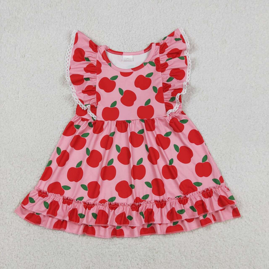 GSD3510 Kids Baby Girls Flutter Sleeve Apples Back to School Ruffle Knee Length Dresses