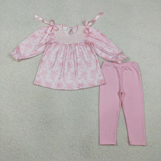 GLP3285 Kids Baby Girl Embroidery Plaid Checked Pink Flowers Tunic Legging Pants Clothes Sets