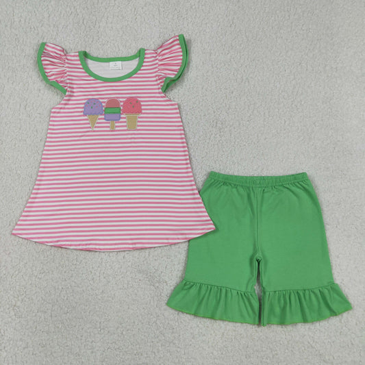 GSSO2349 Kids Embroidery Popsicle Baby Girls Pink Stripe Tunic Ruffle Short Set