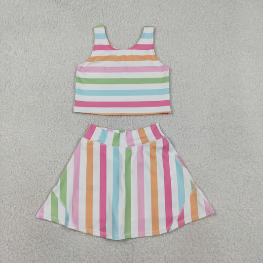 RTS NO MOQ（In Stock) GSD2348 Colorful striped white yoga vest and culottes set